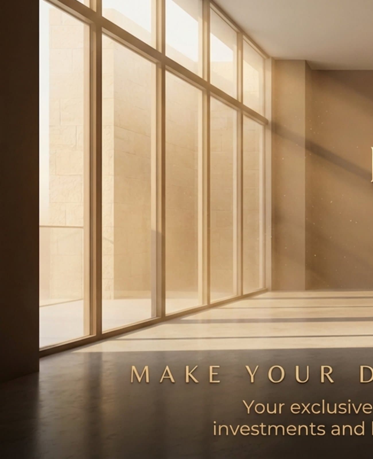 A warm, sunlit luxury interior with golden light streaming through tall windows
