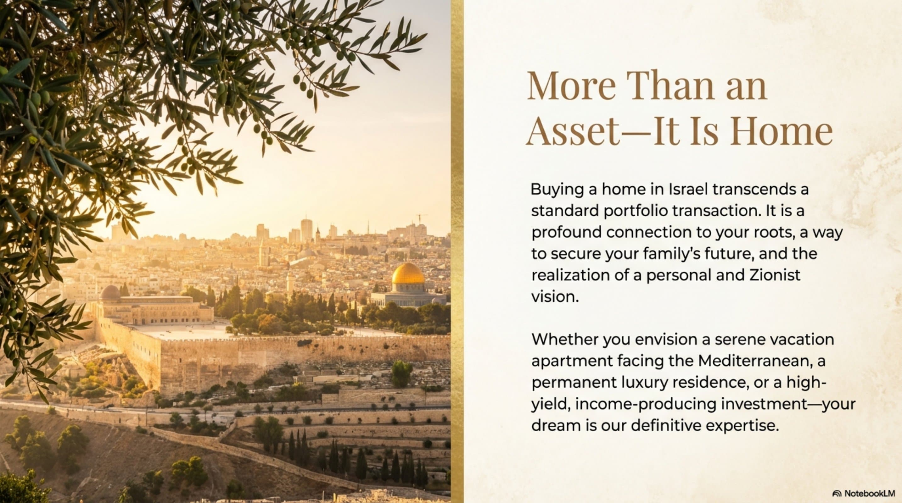 The Old City of Jerusalem at golden hour, framed by olive branches