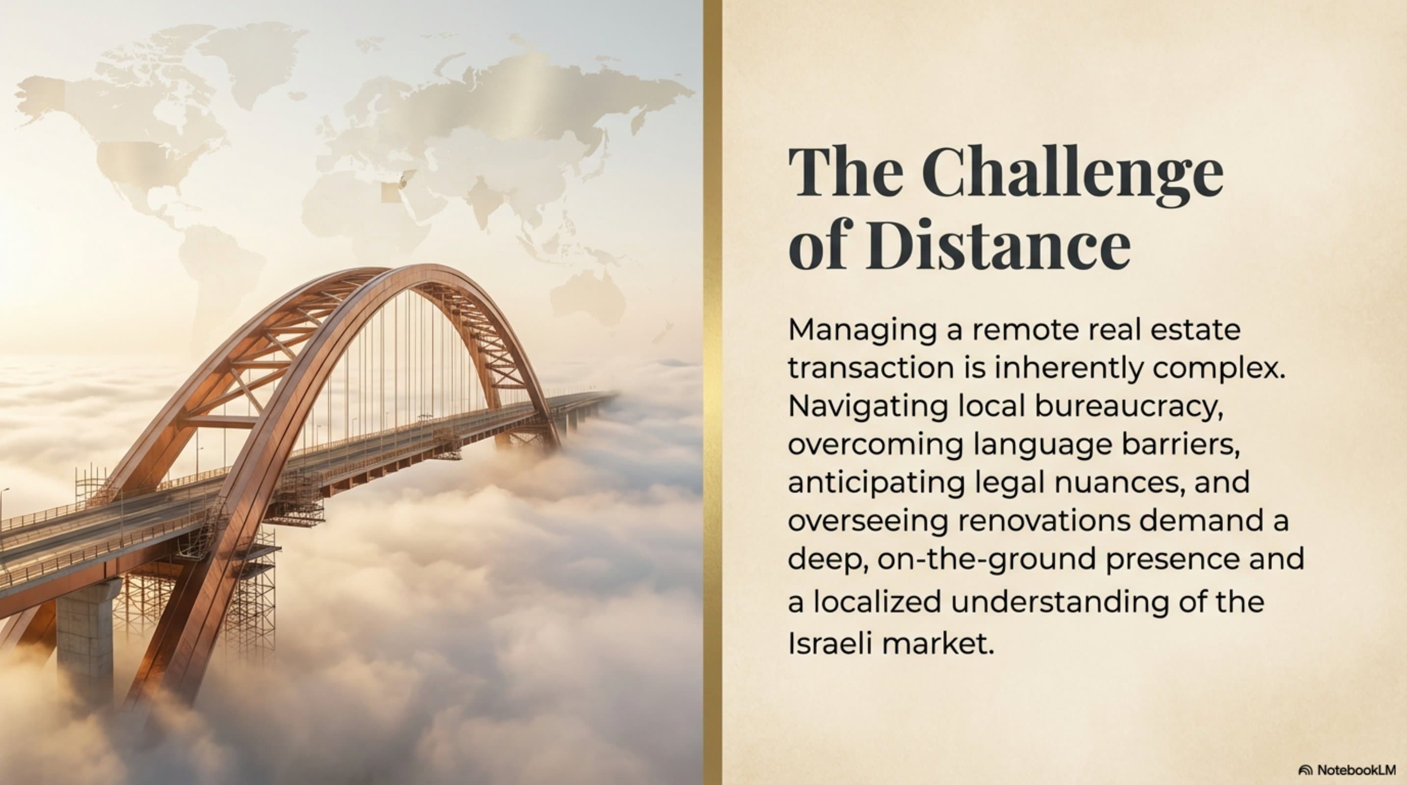 An arched bridge rising above clouds, suggesting global connection