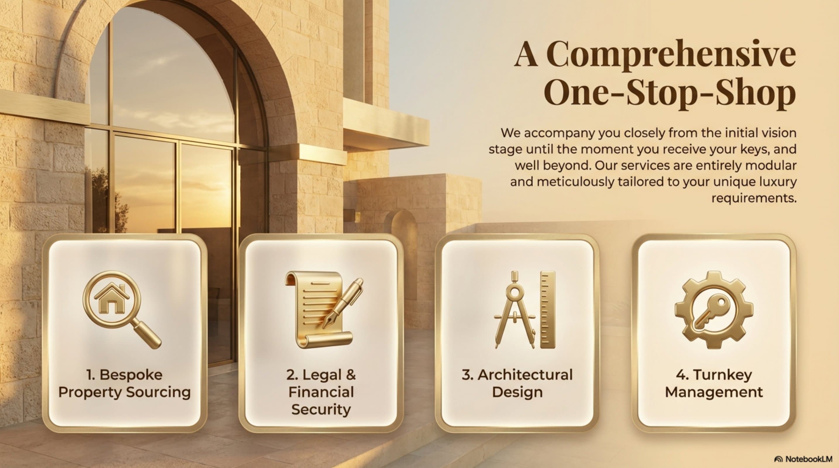 A grand arched entrance with four golden service icons displayed below