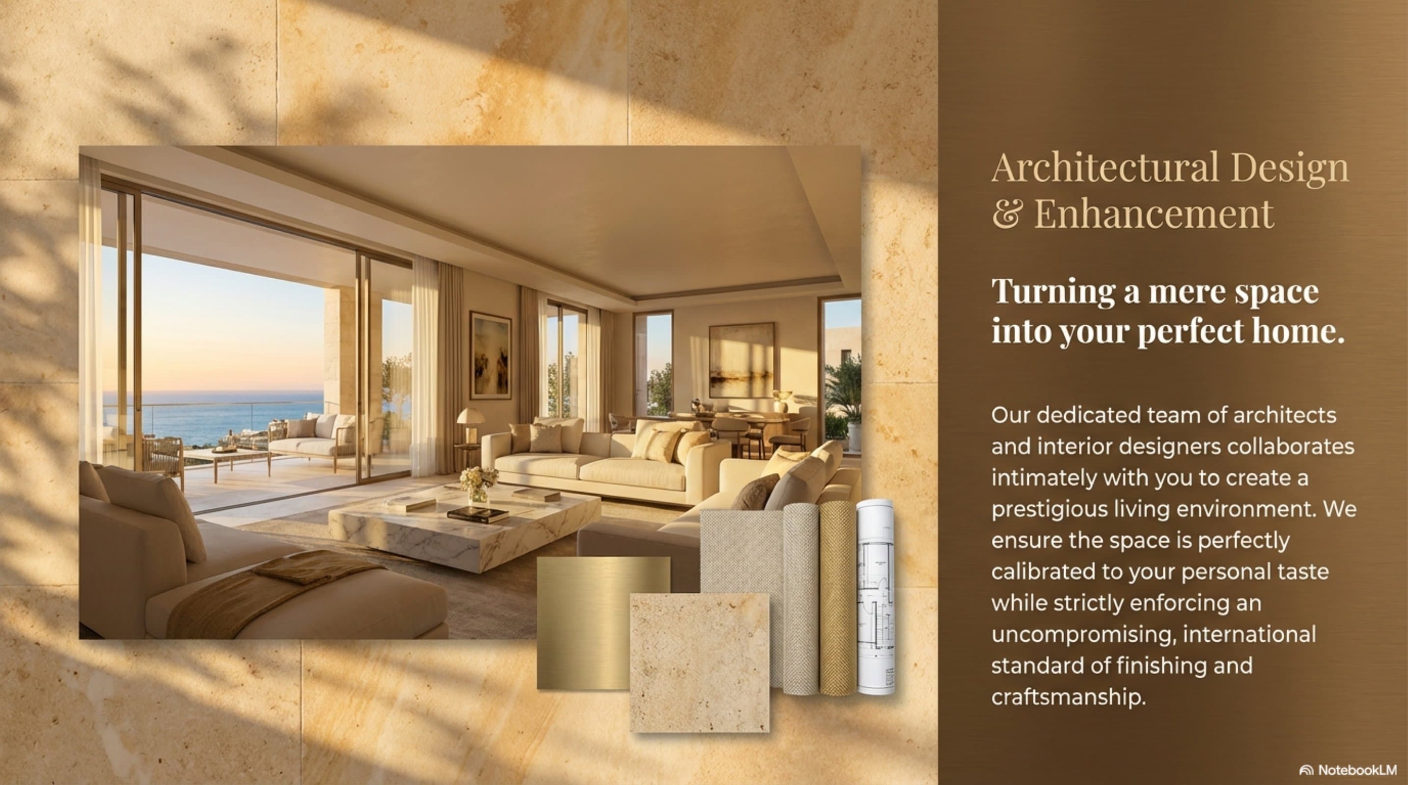 A luxurious living room with sea views, framed by curated finish samples