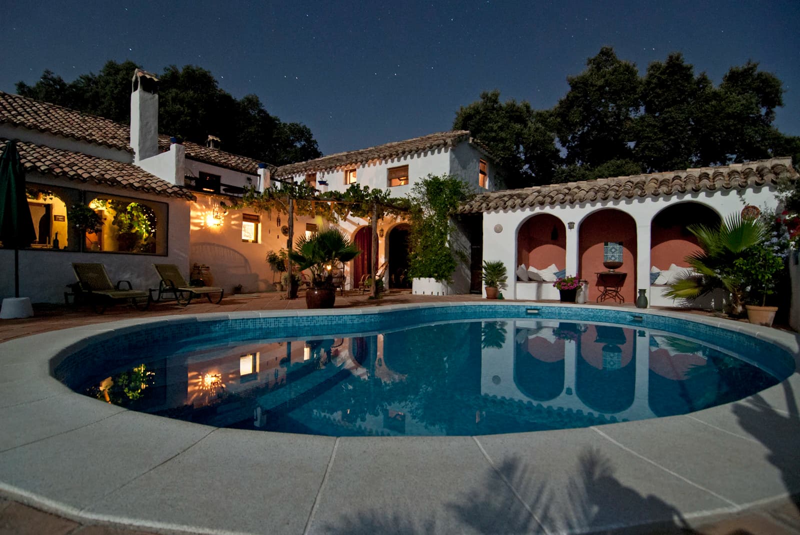 A Mediterranean family villa with private pool at evening