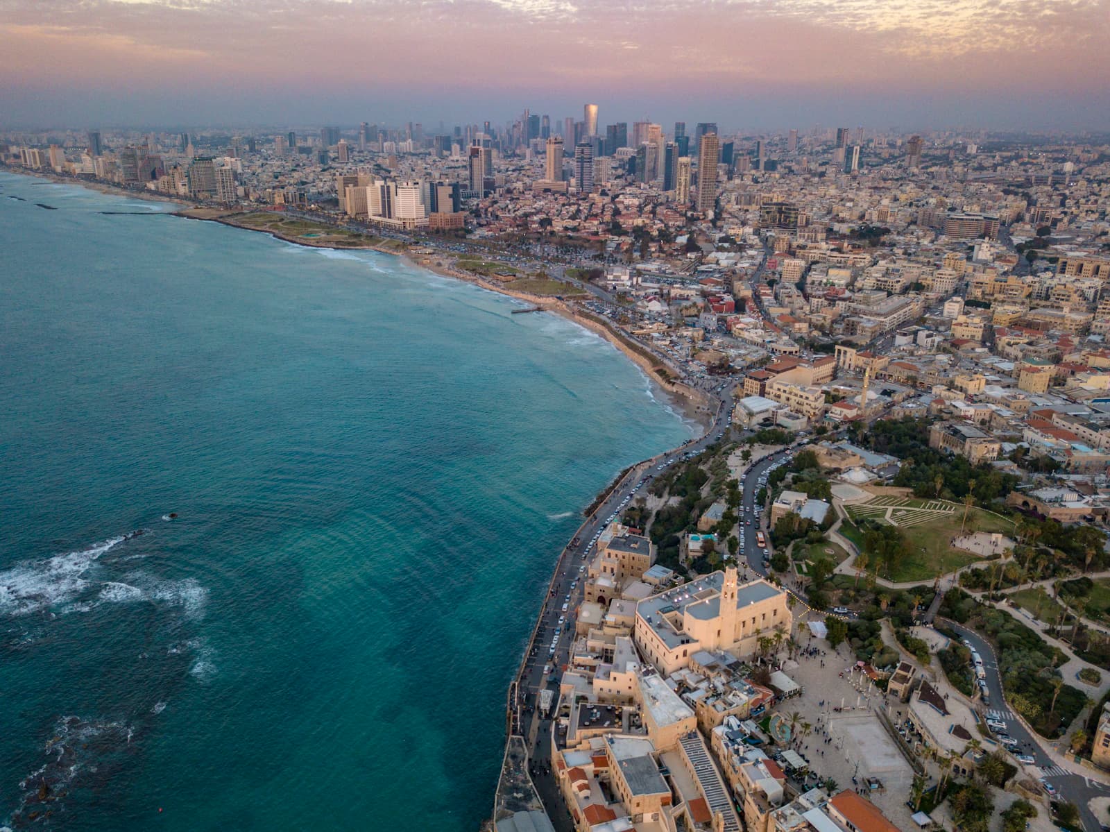 Tel Aviv and Jaffa coastline at sunset